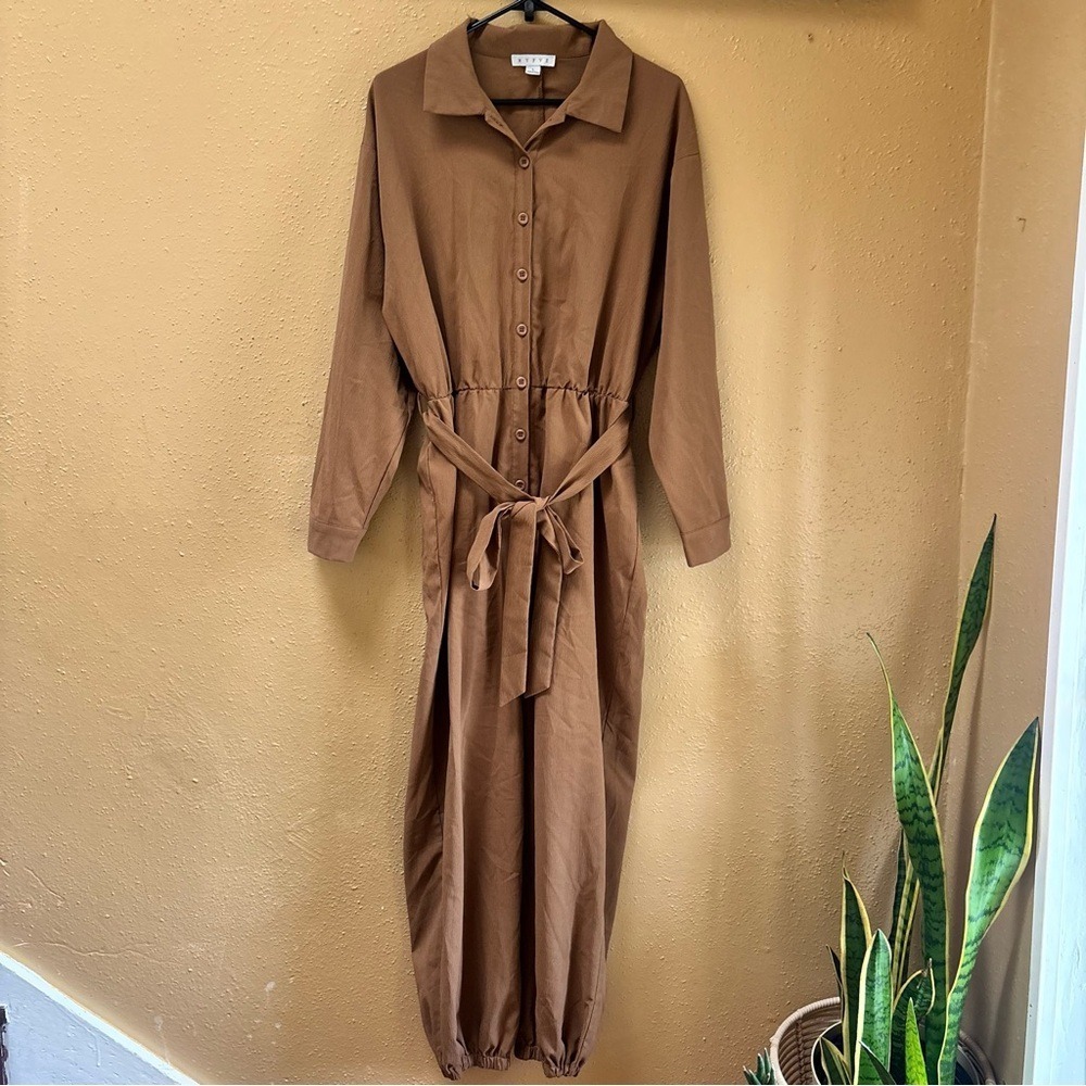 Hyfve Brown Utility Long Sleeve Jumpsuit Button Front Belted Jogger Large